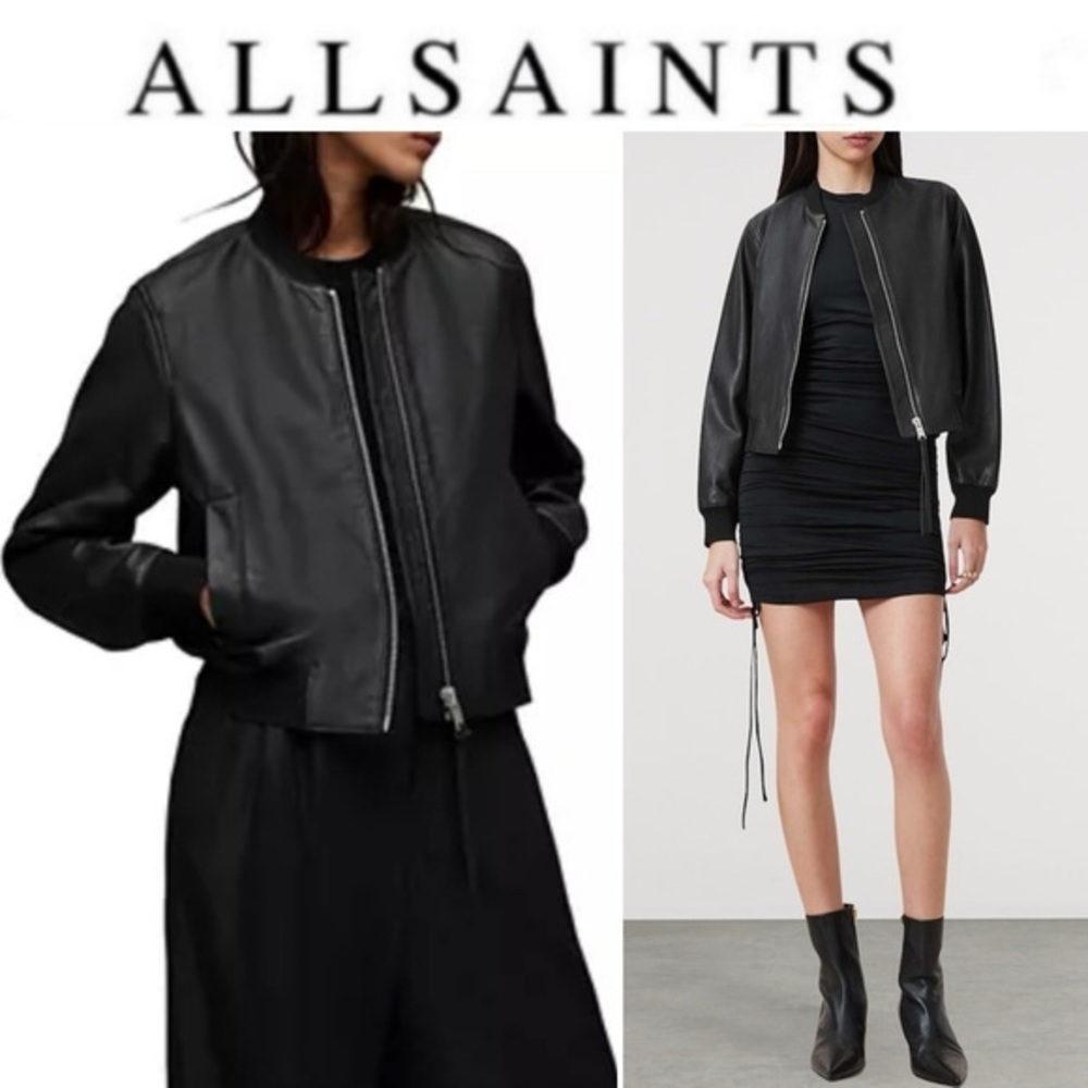 All Saints Orten Faux Leather Bomber Jacket Women's Black US 8 NWT 499$